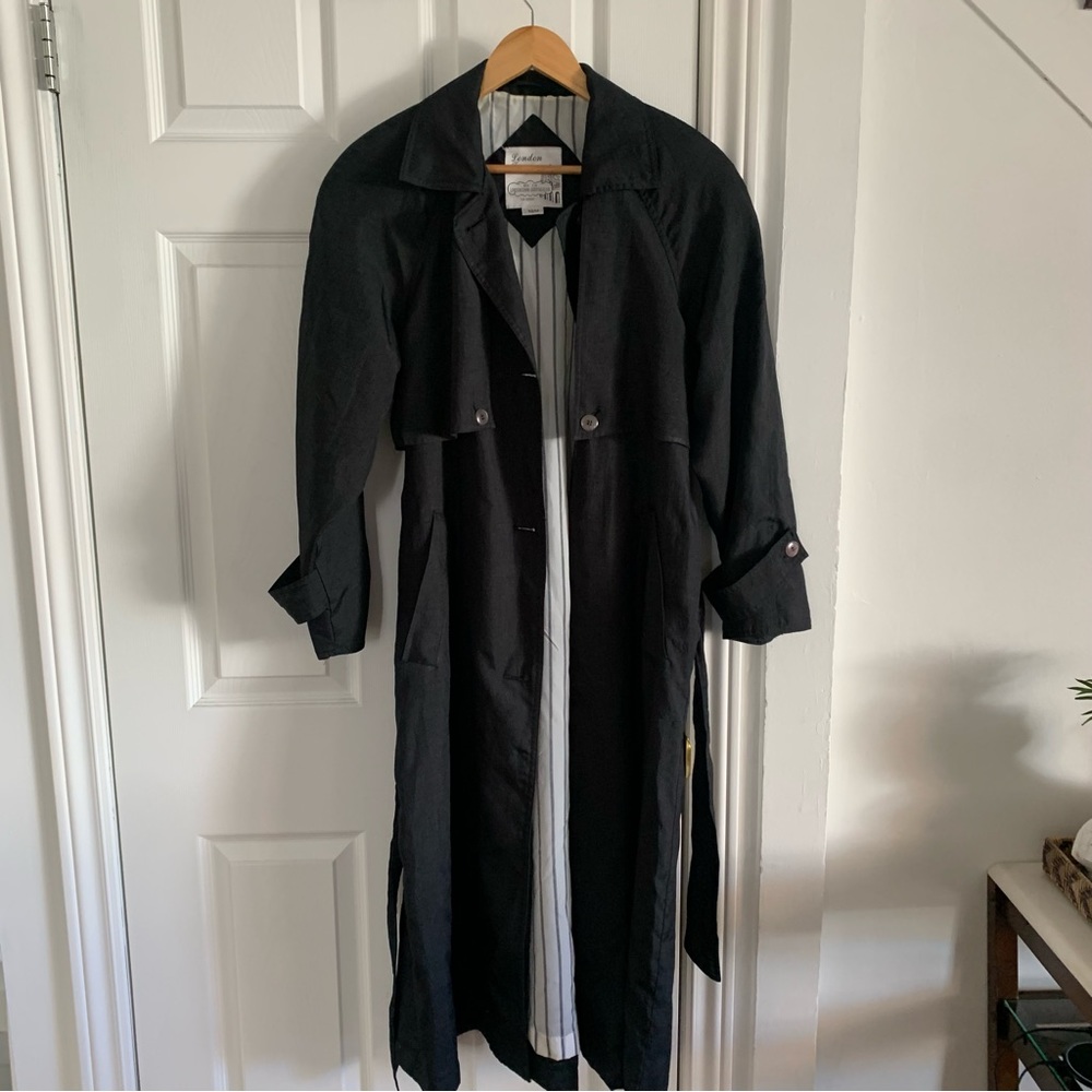 Black Button Front Trench Coat with Waist Tie
